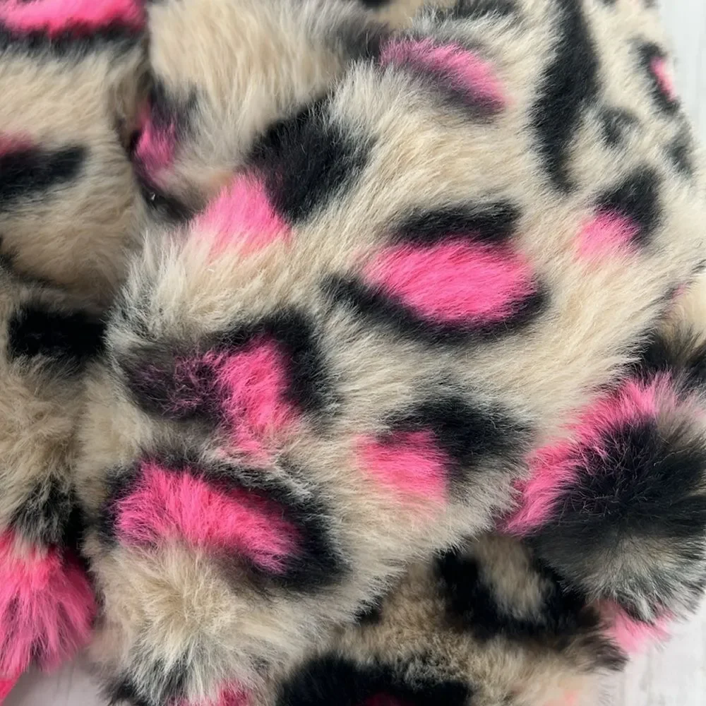Big Girls Cross Band Faux Fur Leopard Slippers Shoes Size 4-5